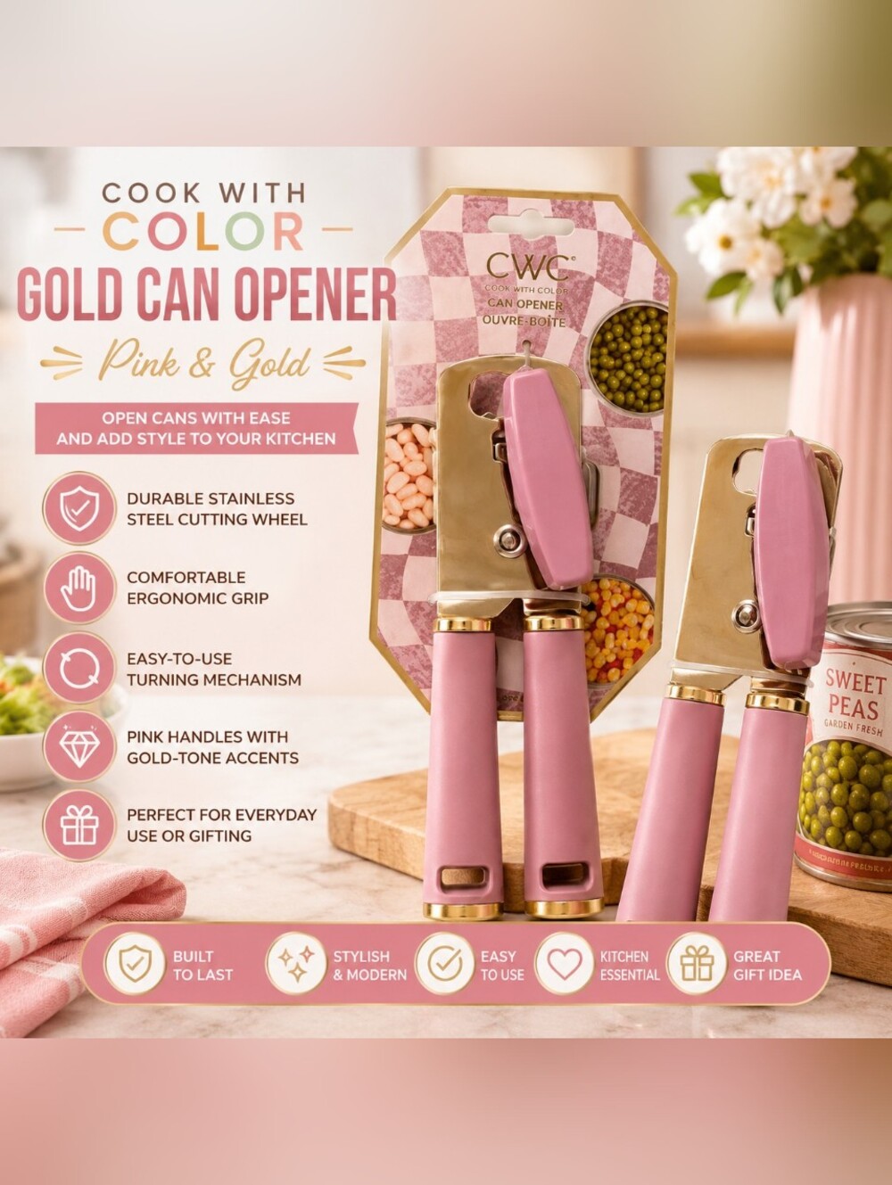 Cook with Color Gold Can Opener Pink Manual Handheld Kitchen Tool NWT